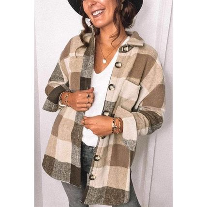 Khaki Plaid Color Block Buttoned Long Sleeve Jacket with Pocket