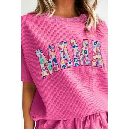 Rose Red MAMA Embroidered Leopard Letters Waffle Short Set