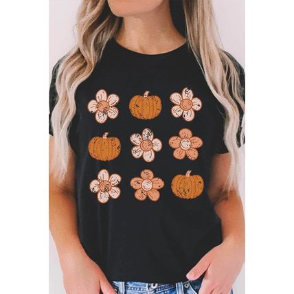 Black Pumpkin Flower Print Short Sleeve Graphic Top