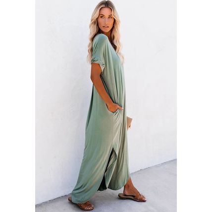 Grass Green V Neck Hidden Pocket Splits Maxi T-shirt Dress