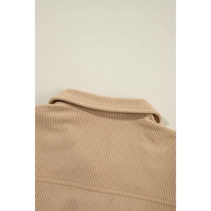 Light French Beige Solid Frilled Flap Pocket Button Up Corduroy Shacket
