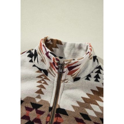 Beige Aztec Printed Stand Neck Zip Up Jacket
