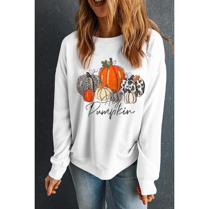 Beige Rhinestone Pumpkin Graphic Crewneck Thanksgiving Sweatshirt