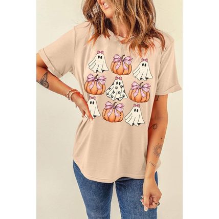 Khaki Bowknot Ghost Pumpkin Graphic Halloween T Shirt