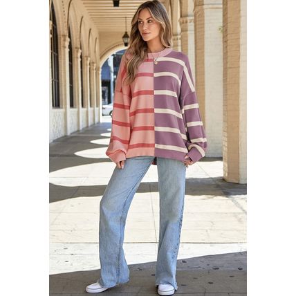 Pink Stripe Colorblock Oversized Sweater