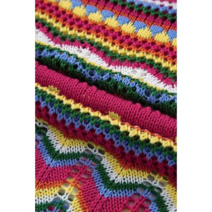 Rose Red Colorblock Striped Hollowed Knit Loose Sleeve Sweater