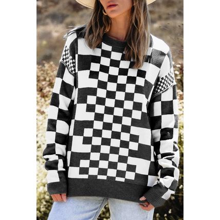 Black Checkered Print Drop Shoulder Round Neck Sweater