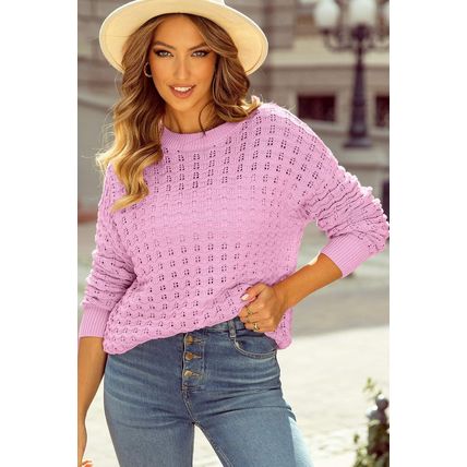 Pink Crochet Knit Drop Shoulder Sweater