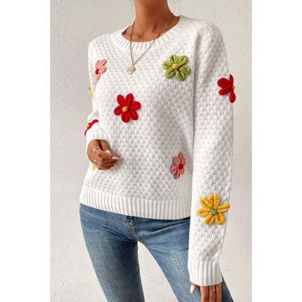 White Colorful Flower Applique Textured Knit Sweater