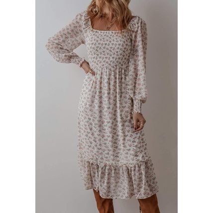 White Floral Print Shirred Ruffled Hem Square Neck Midi Dress