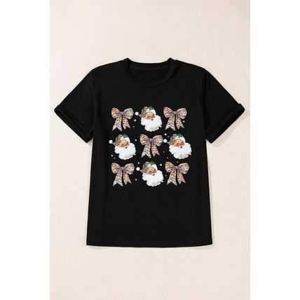 Black Santa Claus Leopard Bow Print Crew Neck Casual T Shirt