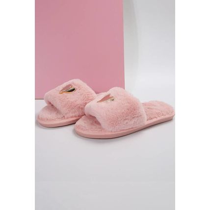 Pink Heart Shape Buckle Decor Open Toe Plush Slippers