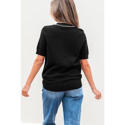 Black Pearl Bow Necklace Embellished Short Sleeve Knitted T Shirt
