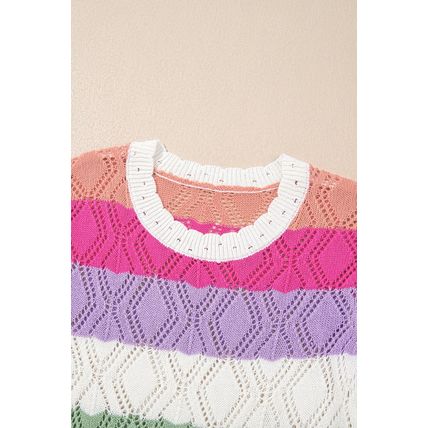 Rose Stripe Colorblock Hollowed Knit Scallop Edge Sweater Vest