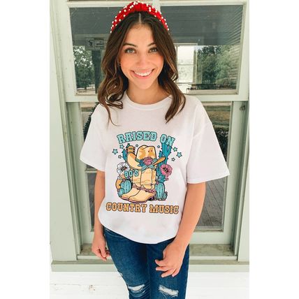 White RAISED ON COUNTRY MUSIC Western Graphic Tee