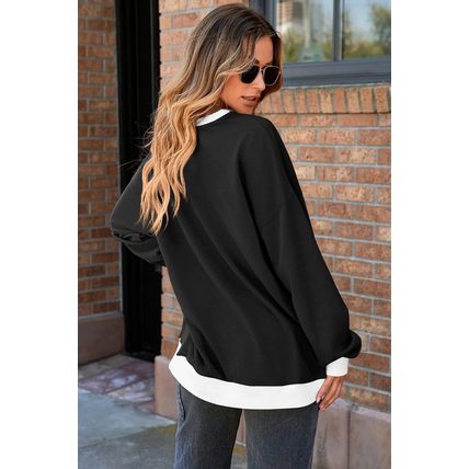 Black Contrast Ribbed Color Block Patchwork Baggy Sweatshirt