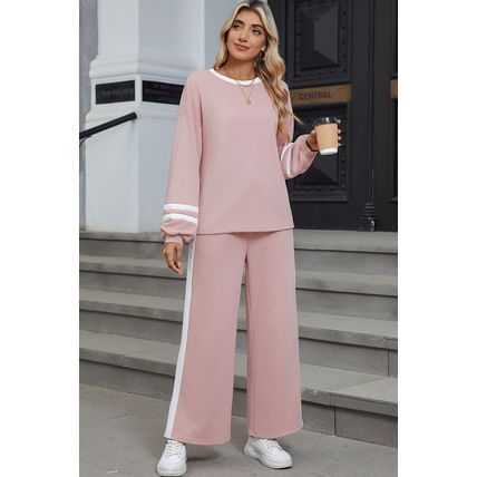 Pink Varsity Stripe Patchwork Puff Sleeve Pullover Drawstring Wide Leg Pant Set