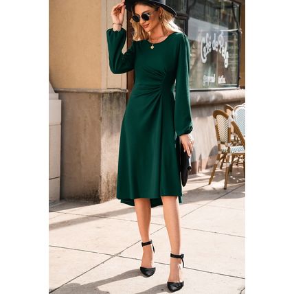 Blackish Green Solid Color Ruched Detail Long Sleeve Midi Dress