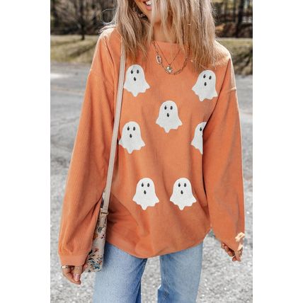 Orange Twisted Ribbed Texture Halloween Ghost Sequin Patched Sweatshirt