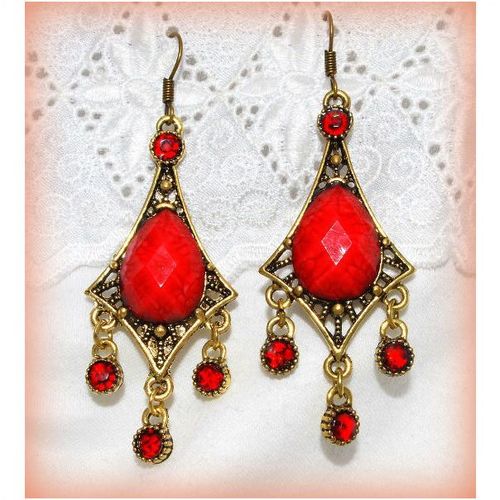 Sale Tibetan Hill Tribe Red Crystal Bronze Hook Earrings Jewellery 1482