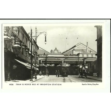 Sussex BRIGHTON STATION Tram & Horse Bus Postcard (Pamlin M536)
