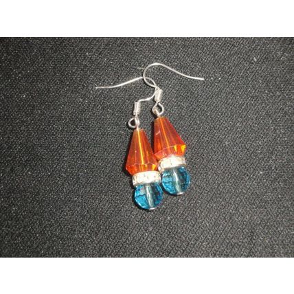 Orange cone with blue & clear crystal glass small drop elegant earrings