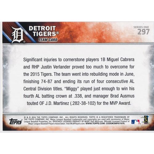 2016 Topps Baseball 297 Detroit Tigers Team Card