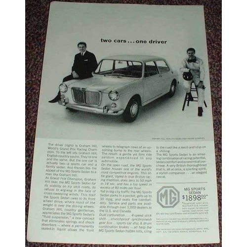 1963 MG Sports Sedan Car Ad, w/ Graham Hill NICE!!