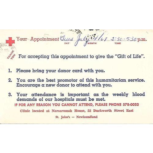 Canada #P94 Red Cross Postal Card, Cameo, USED 1967, Blood Donor reminder