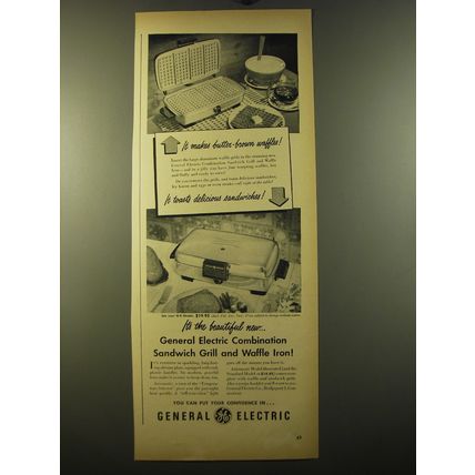 1950 General Electric Sandwich Grill and Waffle Iron Ad - butter-brown waffles