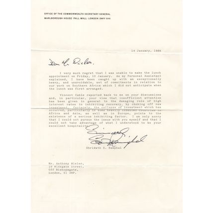 Shridath Rampall Guyana Politician Commonwealth Secretary Hand Signed Letter