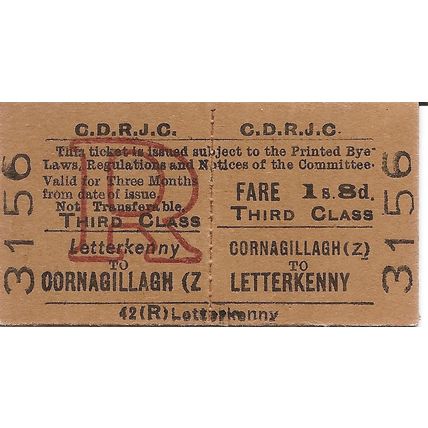 County Donegal Rlys Joint Committee Edmondson Ticket Cornagillagh to Letterkenny