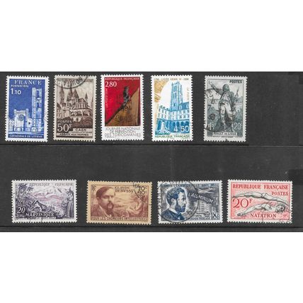 FRANCE SELECTION VIEWS PLANES HISTORY PERSONALITIES SPACE STAMPS USED @ 11p ea.
