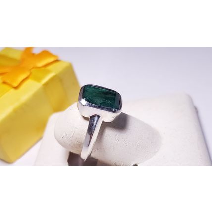 Estate 3.5ct Natural Emerald Cut Emerald bezel Polished SterlingSilver Ring22258