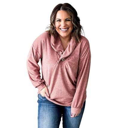 Pink Plus Size Long Sleeve V-Neck Buttoned Top