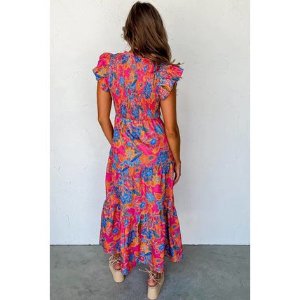 Red Floral Print Ruffled Sleeveless Plus Size Long Dress