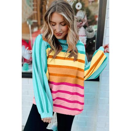 Yellow Stripe Gradient Striped Ribbed Edge Loose Sweater