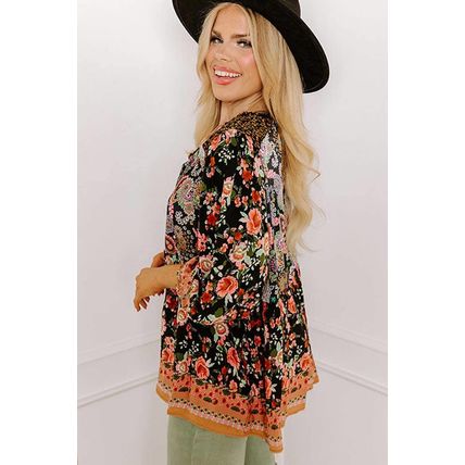 Black Plus Size Paisley Floral Print V Neck Bubble Sleeve Blouse