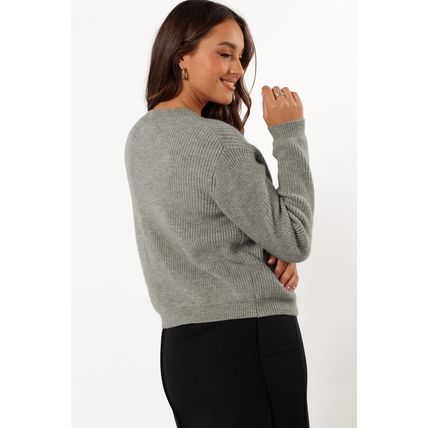 Philippine Gray Ribbed Knit Bow Front Buttoned Cardigan