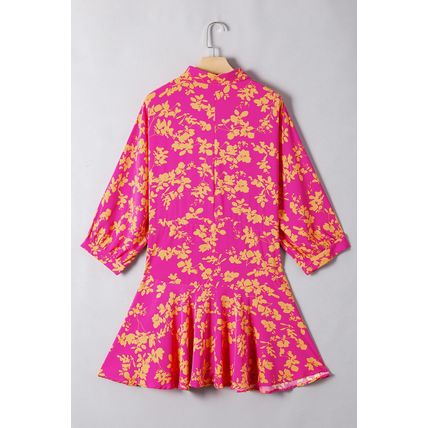Pink Floral Print Drawstring Tunic Flowy Short Dress