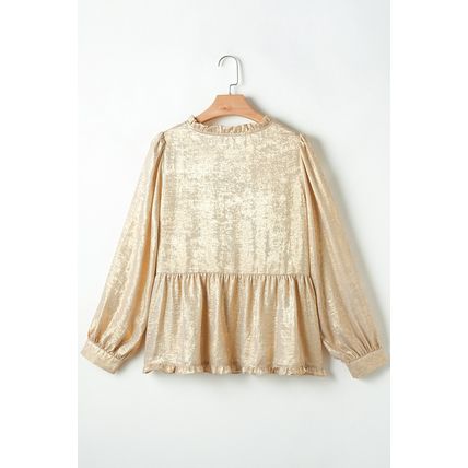 Gold Metallic Frilled V Neck Puff Sleeve Babydoll Blouse