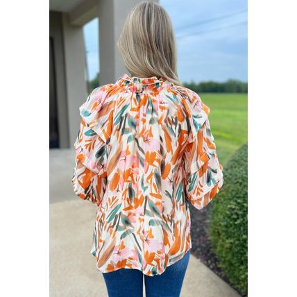 Yellow Abstract Print Drawstring Frilled V Neck 3/4 Sleeve Blouse