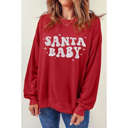 Red SANTA BABY Embroidered Crewneck Christmas Sweatshirt
