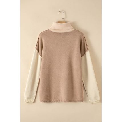Pale Chestnut Color Block Turtle Neck Drop Shoulder Knit Sweater