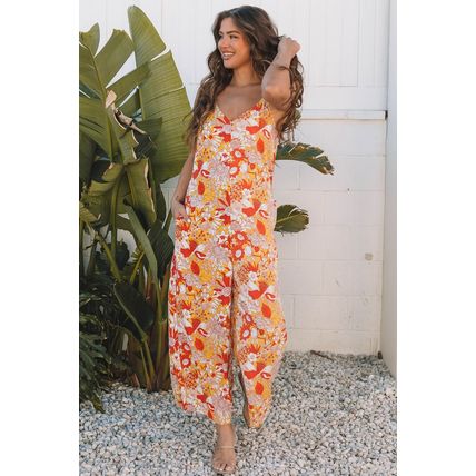 Orange Floral V Neck Wide Leg Sleeveless Jumpsuit