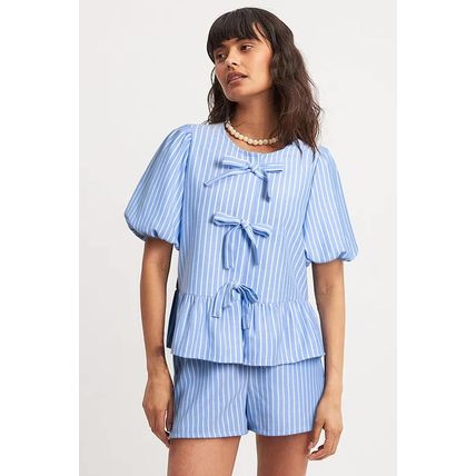 Sky Blue Striped Bowknot Detail Puffy Sleeve Top and Shorts 2Pcs Set
