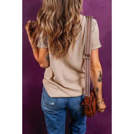 Oatmeal Short Sleeve Half Button Ribbed Knit Top