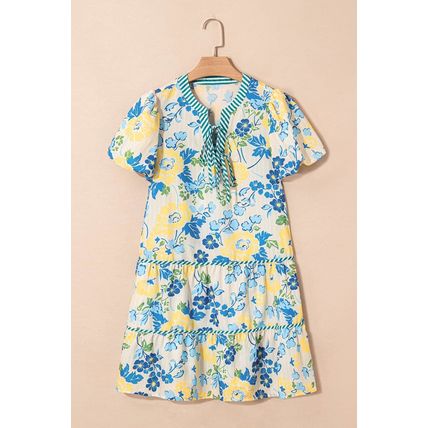 Blue Floral Striped Trim Puff Short Sleeve Dress