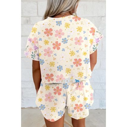 Apricot Floral Print Crop Top Wide Leg Short Set