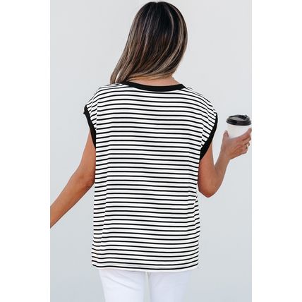 Black Stripe Sequined Lobster Patched Pocket Casual Tank Top